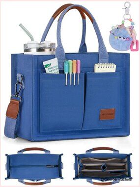 Structured Canvas Tote Bag Multi-Compartment Zippered Purse Work Travel